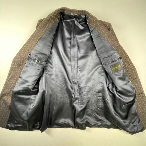 Vinceli Mens Lambswool Blazer Brown Blue Plaid Check Suit Jacket Size L 42 Italy - Picture 8 of 11